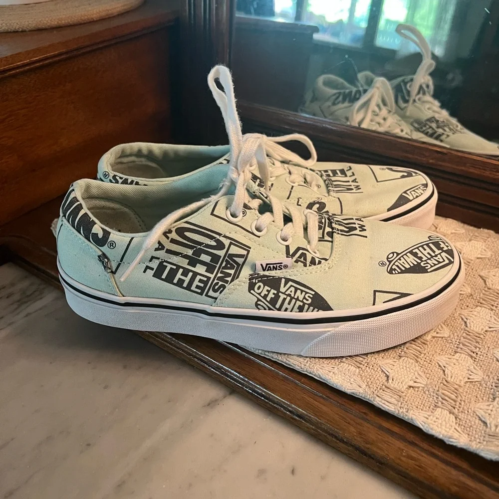 VANS Off the Wall Classic Low Top Logo Collage Sneakers Mint Green Black Wms 6.5